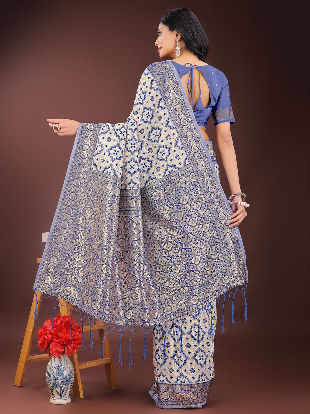 Shree Shyam Fashion Blue Linen Saree with Rich Woven Zari Work - Elegant Ethnic Saree for Festive & Office Wear | Grocsy