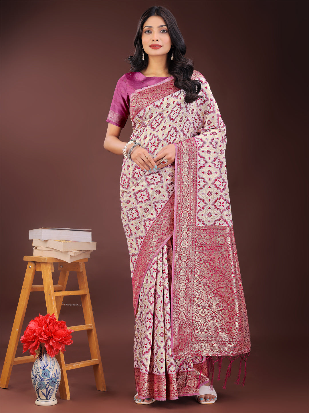 Shree Shyam Fashion Pink Linen Saree with Rich Woven Zari Work - Elegant Ethnic Saree for Festive & Office Wear | Grocsy