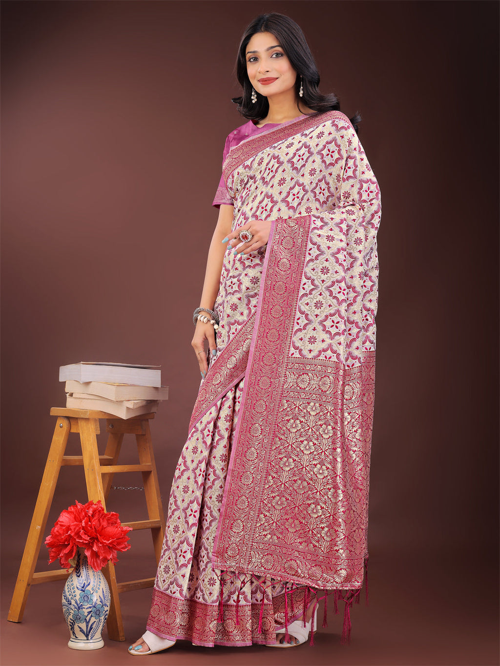 Shree Shyam Fashion Pink Linen Saree with Rich Woven Zari Work - Elegant Ethnic Saree for Festive & Office Wear | Grocsy