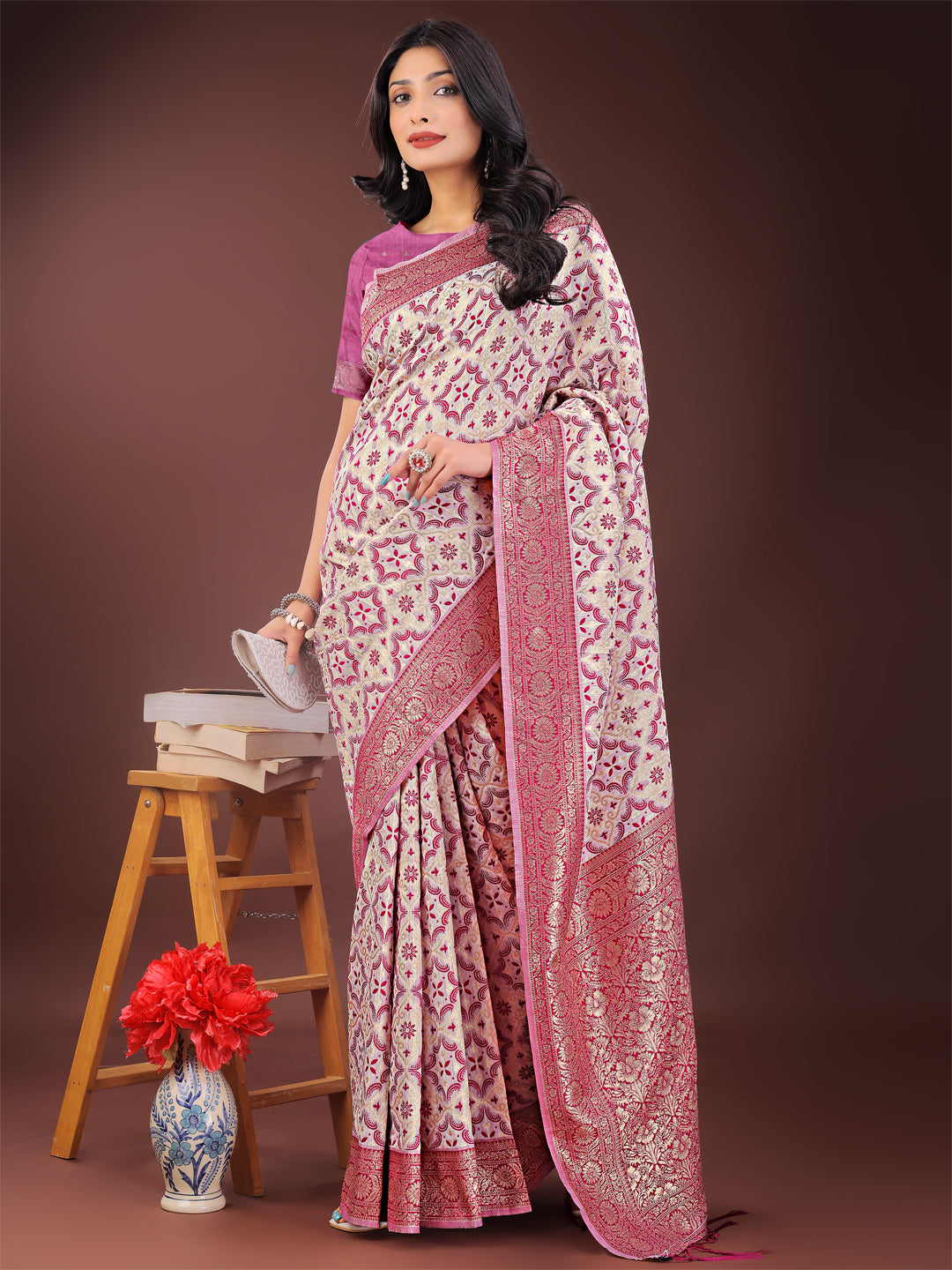 Shree Shyam Fashion Pink Linen Saree with Rich Woven Zari Work - Elegant Ethnic Saree for Festive & Office Wear | Grocsy