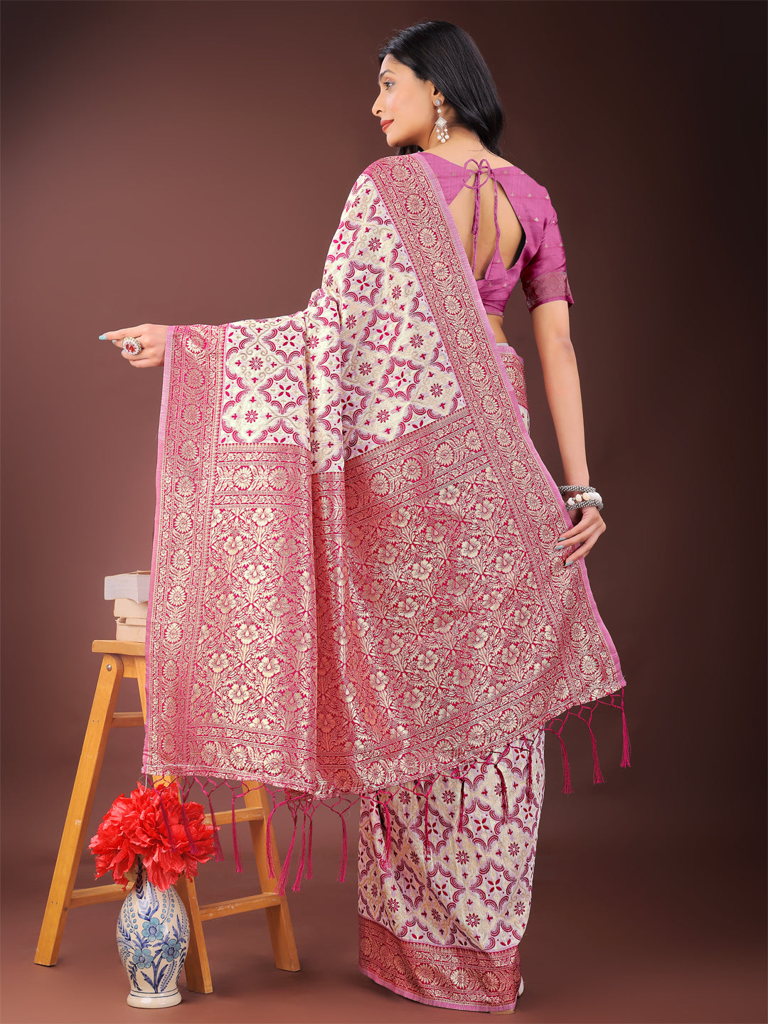 Shree Shyam Fashion Pink Linen Saree with Rich Woven Zari Work - Elegant Ethnic Saree for Festive & Office Wear | Grocsy