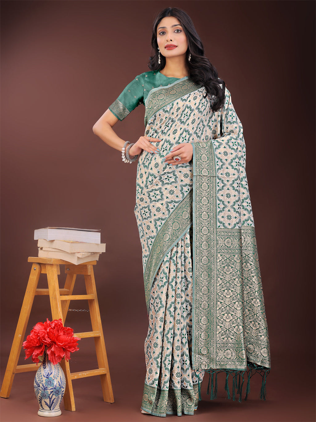 Shree Shyam Fashion Green Linen Saree with Rich Woven Zari Work - Elegant Ethnic Saree for Festive & Office Wear | Grocsy