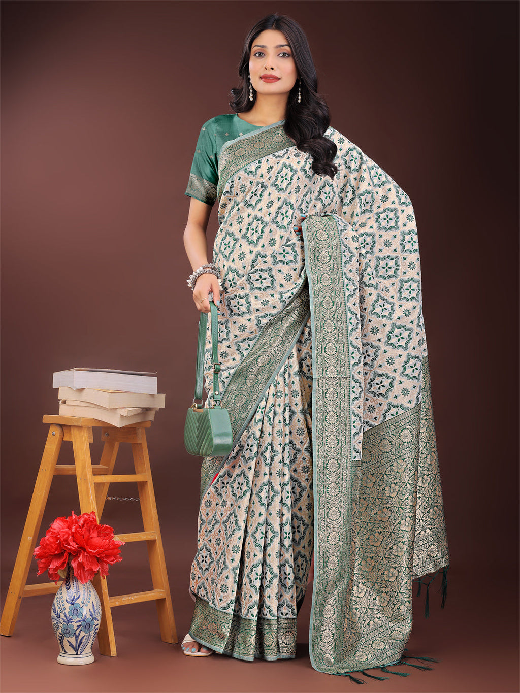 Shree Shyam Fashion Green Linen Saree with Rich Woven Zari Work - Elegant Ethnic Saree for Festive & Office Wear | Grocsy