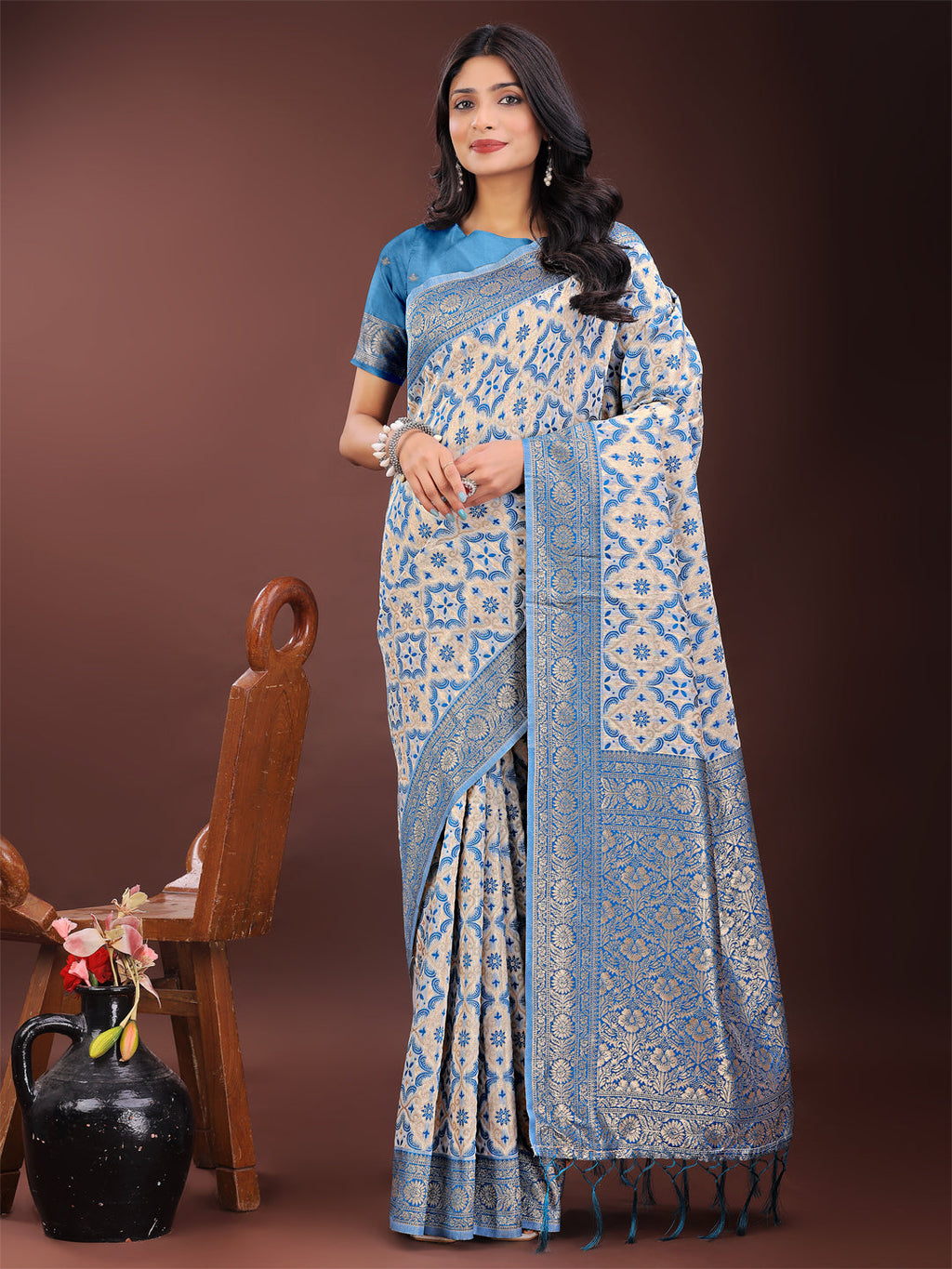 Shree Shyam Fashion Sky Blue Linen Saree with Rich Woven Zari Work - Elegant Ethnic Saree for Festive & Office Wear | Grocsy