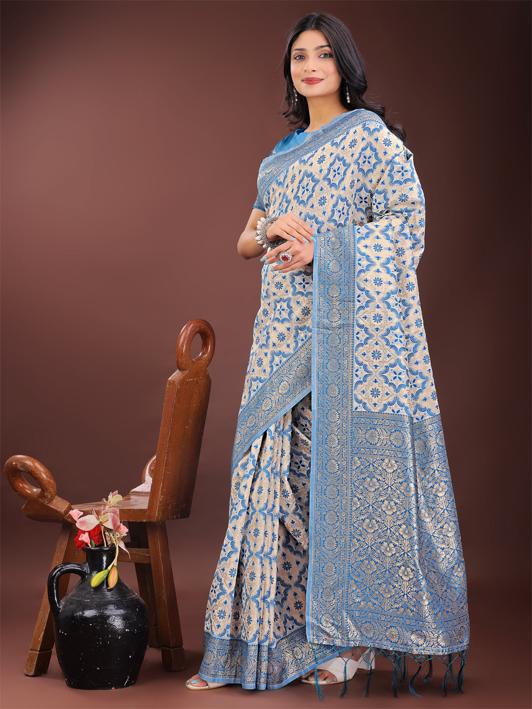 Shree Shyam Fashion Sky Blue Linen Saree with Rich Woven Zari Work - Elegant Ethnic Saree for Festive & Office Wear | Grocsy