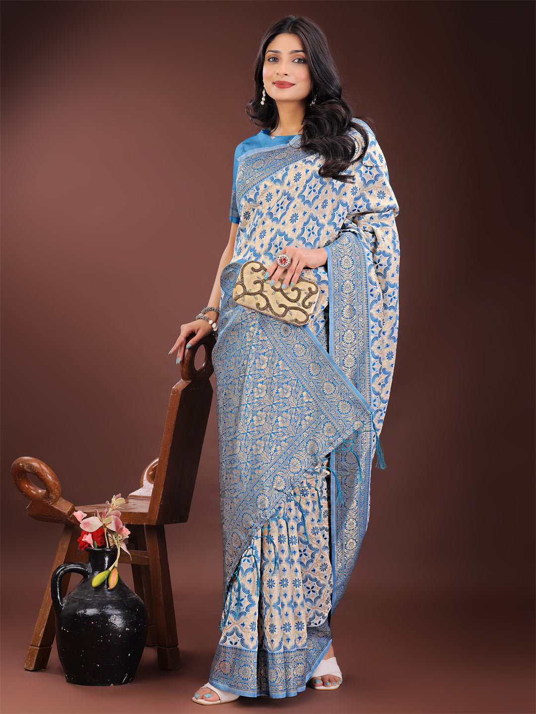 Shree Shyam Fashion Sky Blue Linen Saree with Rich Woven Zari Work - Elegant Ethnic Saree for Festive & Office Wear | Grocsy