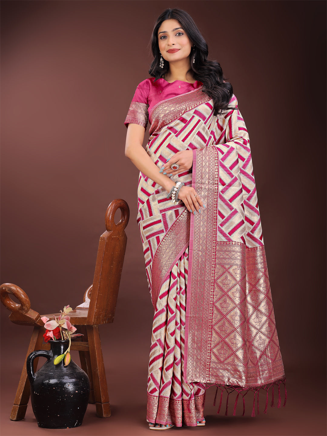 Shree Shyam Fashion Elegant Pink & Cream Linen Saree with Geometric Design and Zari Border - Festive & Party Wear | Grocsy