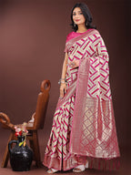 Shree Shyam Fashion Elegant Pink & Cream Linen Saree with Geometric Design and Zari Border - Festive & Party Wear | Grocsy
