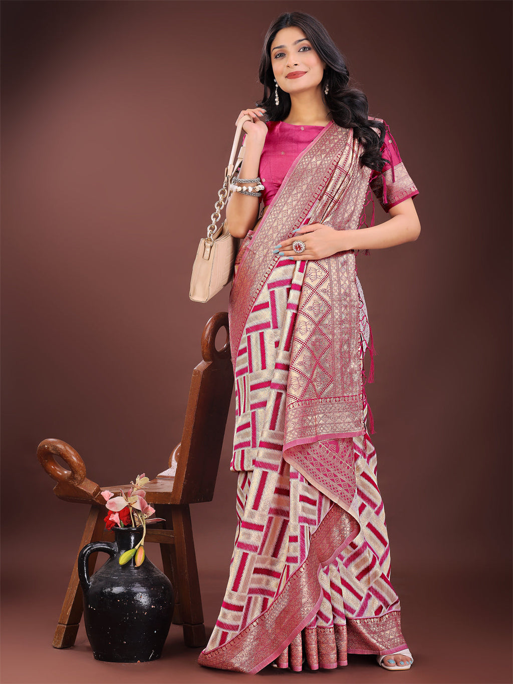 Shree Shyam Fashion Elegant Pink & Cream Linen Saree with Geometric Design and Zari Border - Festive & Party Wear | Grocsy