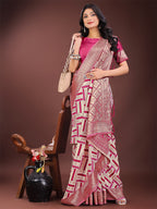 Shree Shyam Fashion Elegant Pink & Cream Linen Saree with Geometric Design and Zari Border - Festive & Party Wear | Grocsy
