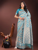 Shree Shyam Fashion Elegant Sea Green & Cream Linen Saree with Geometric Design and Zari Border - Festive & Party Wear | Grocsy