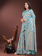 Shree Shyam Fashion Elegant Sea Green & Cream Linen Saree with Geometric Design and Zari Border - Festive & Party Wear | Grocsy