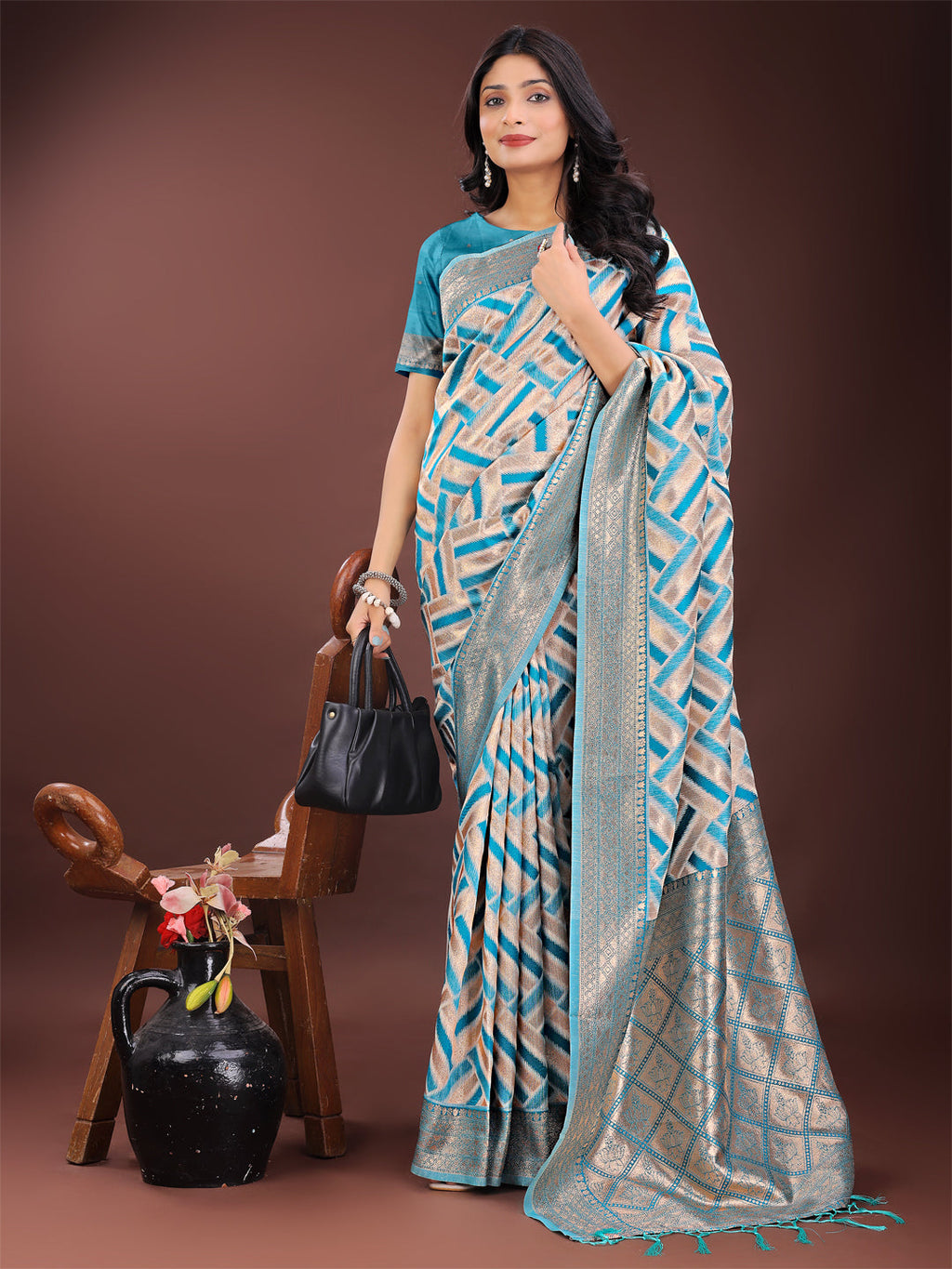 Shree Shyam Fashion Elegant Sea Green & Cream Linen Saree with Geometric Design and Zari Border - Festive & Party Wear | Grocsy