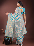 Shree Shyam Fashion Elegant Sea Green & Cream Linen Saree with Geometric Design and Zari Border - Festive & Party Wear | Grocsy