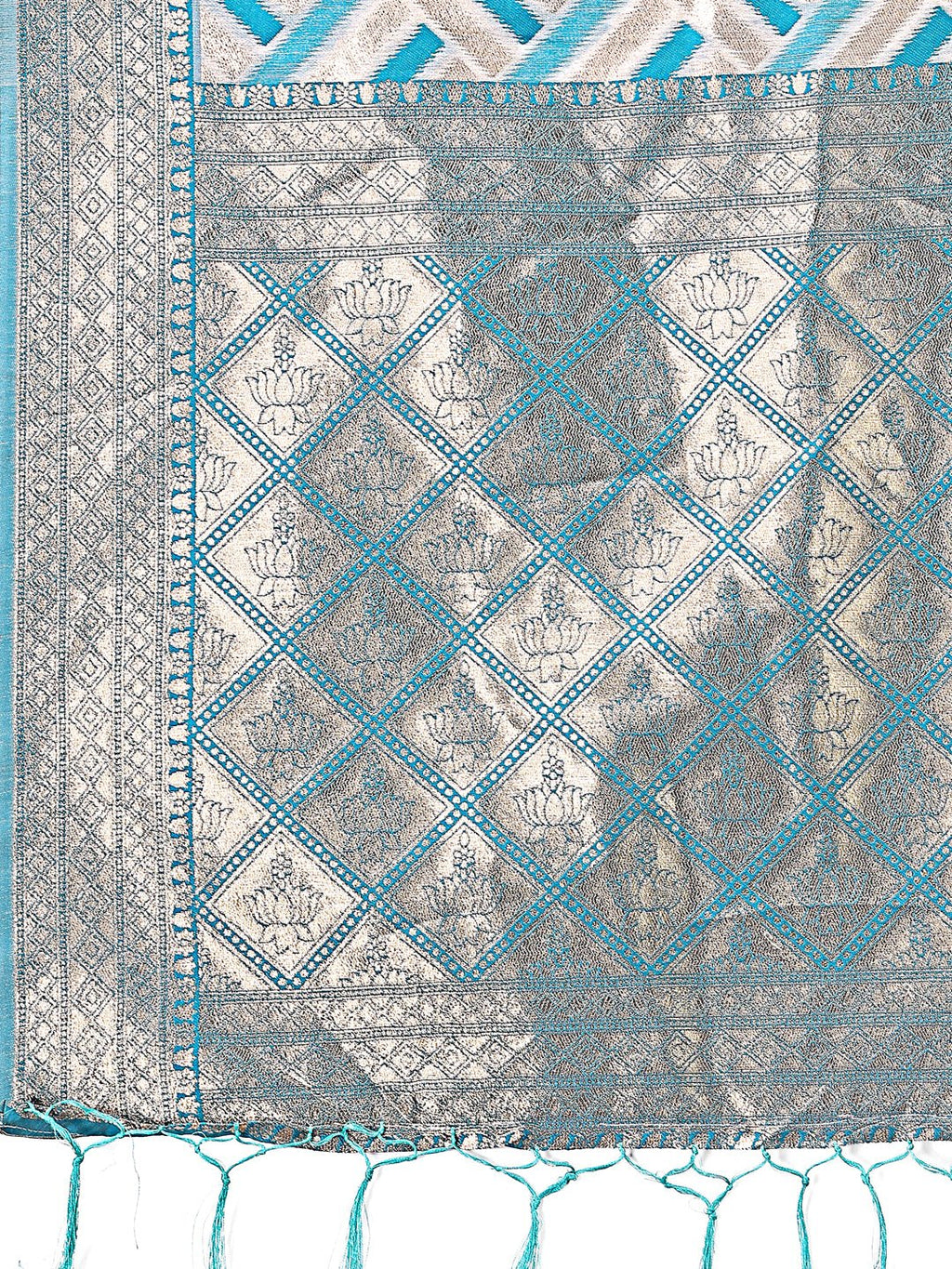 Shree Shyam Fashion Elegant Sea Green & Cream Linen Saree with Geometric Design and Zari Border - Festive & Party Wear | Grocsy