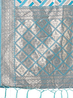 Shree Shyam Fashion Elegant Sea Green & Cream Linen Saree with Geometric Design and Zari Border - Festive & Party Wear | Grocsy