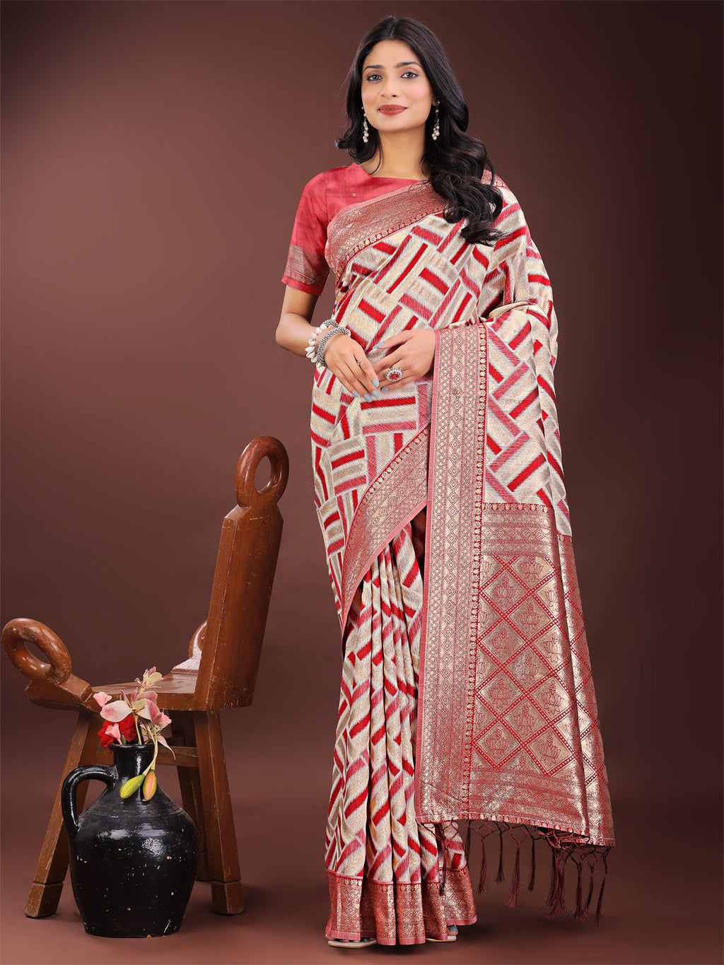 Shree Shyam Fashion Elegant Red & Cream Linen Saree with Geometric Design and Zari Border - Festive & Party Wear | Grocsy
