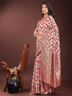 Shree Shyam Fashion Elegant Red & Cream Linen Saree with Geometric Design and Zari Border - Festive & Party Wear | Grocsy