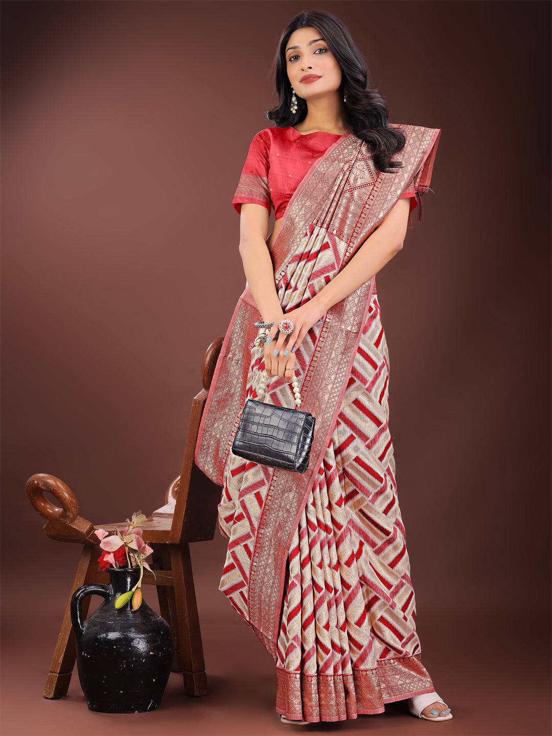 Shree Shyam Fashion Elegant Red & Cream Linen Saree with Geometric Design and Zari Border - Festive & Party Wear | Grocsy