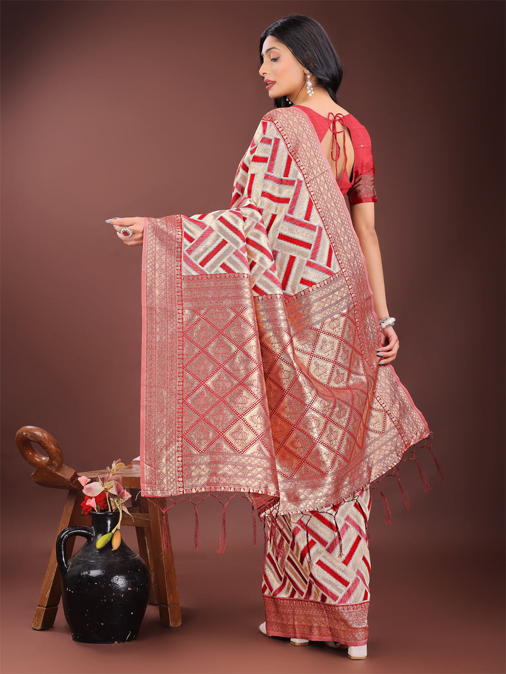 Shree Shyam Fashion Elegant Red & Cream Linen Saree with Geometric Design and Zari Border - Festive & Party Wear | Grocsy