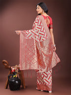 Shree Shyam Fashion Elegant Red & Cream Linen Saree with Geometric Design and Zari Border - Festive & Party Wear | Grocsy