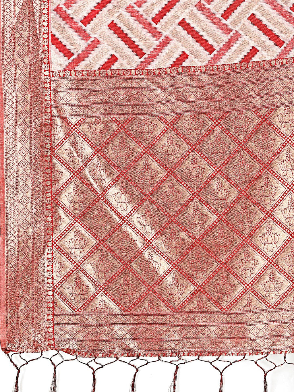 Shree Shyam Fashion Elegant Red & Cream Linen Saree with Geometric Design and Zari Border - Festive & Party Wear | Grocsy
