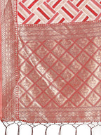 Shree Shyam Fashion Elegant Red & Cream Linen Saree with Geometric Design and Zari Border - Festive & Party Wear | Grocsy
