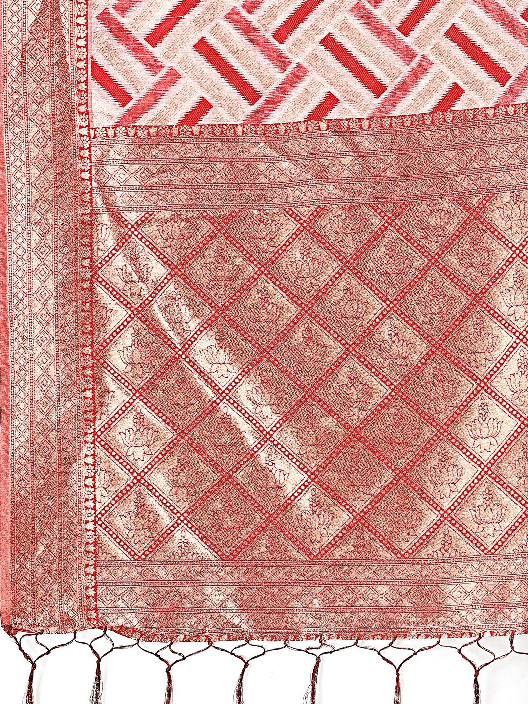 Shree Shyam Fashion Elegant Red & Cream Linen Saree with Geometric Design and Zari Border - Festive & Party Wear | Grocsy