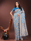Shree Shyam Fashion Elegant Sky Blue & Cream Linen Saree with Geometric Design and Zari Border - Festive & Party Wear | Grocsy