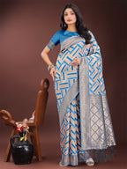 Shree Shyam Fashion Elegant Sky Blue & Cream Linen Saree with Geometric Design and Zari Border - Festive & Party Wear | Grocsy