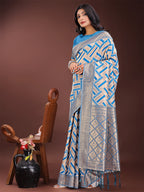 Shree Shyam Fashion Elegant Sky Blue & Cream Linen Saree with Geometric Design and Zari Border - Festive & Party Wear | Grocsy