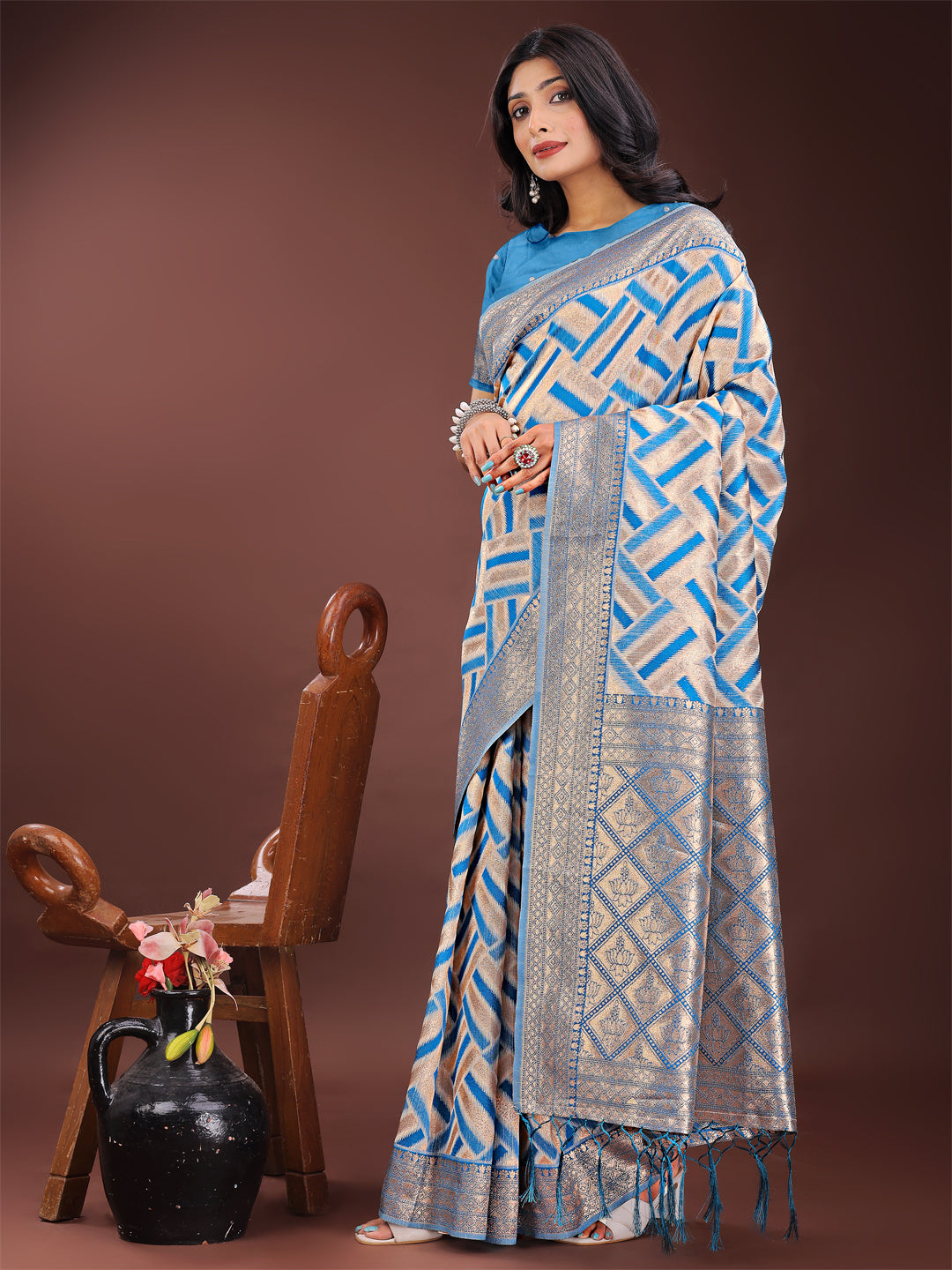 Shree Shyam Fashion Elegant Sky Blue & Cream Linen Saree with Geometric Design and Zari Border - Festive & Party Wear | Grocsy