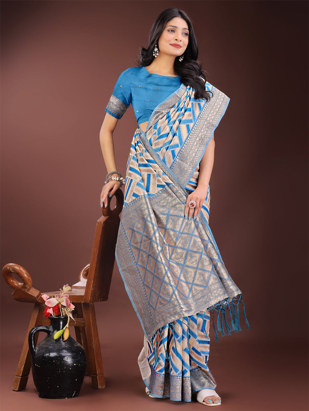 Shree Shyam Fashion Elegant Sky Blue & Cream Linen Saree with Geometric Design and Zari Border - Festive & Party Wear | Grocsy