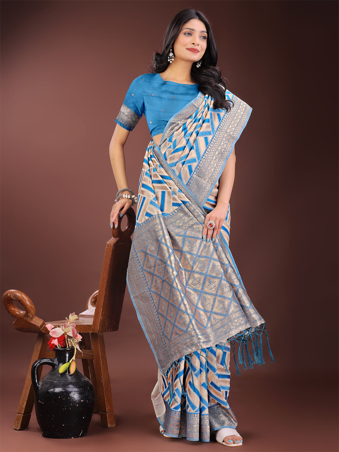Shree Shyam Fashion Elegant Sky Blue & Cream Linen Saree with Geometric Design and Zari Border - Festive & Party Wear | Grocsy