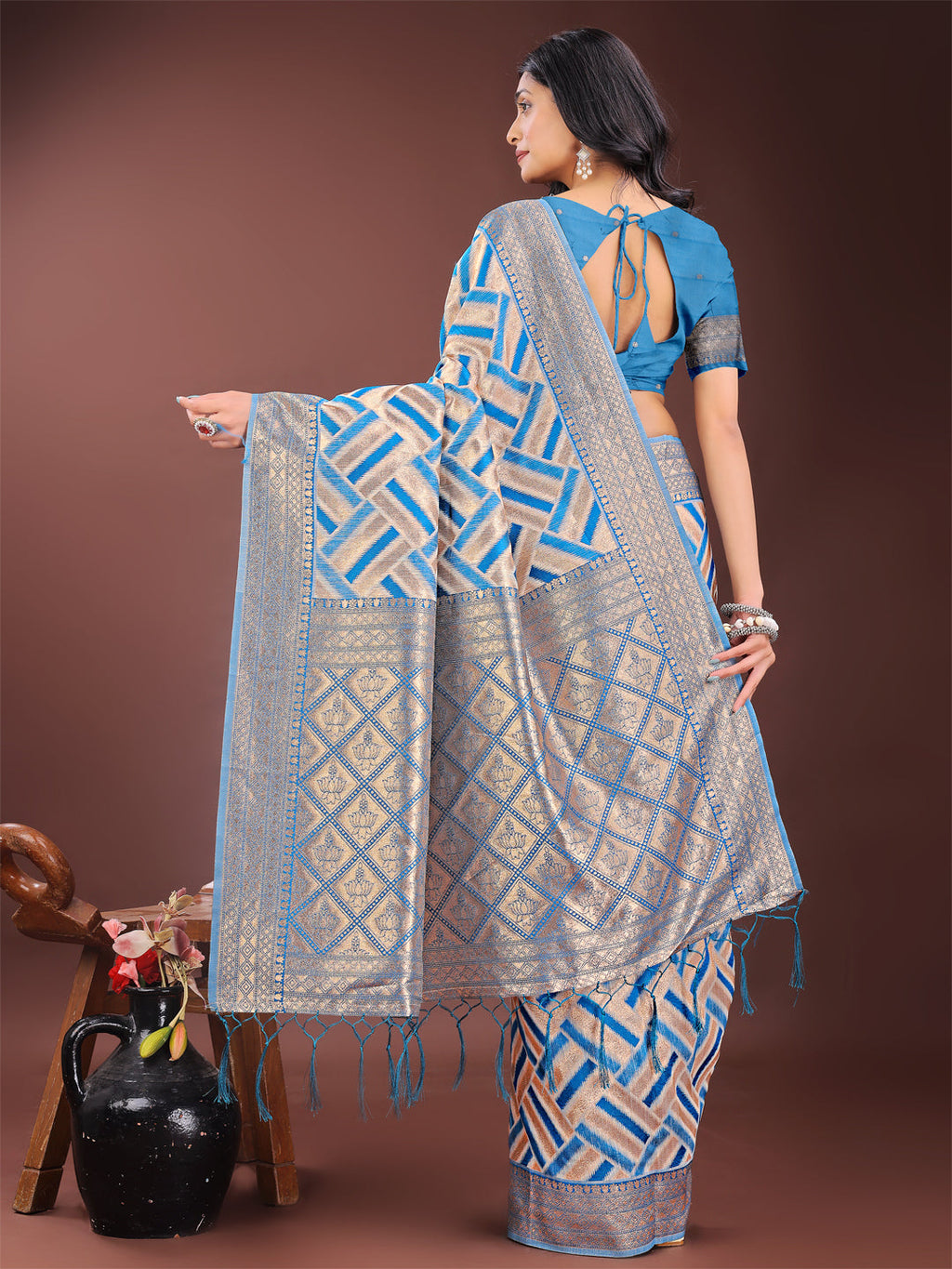 Shree Shyam Fashion Elegant Sky Blue & Cream Linen Saree with Geometric Design and Zari Border - Festive & Party Wear | Grocsy