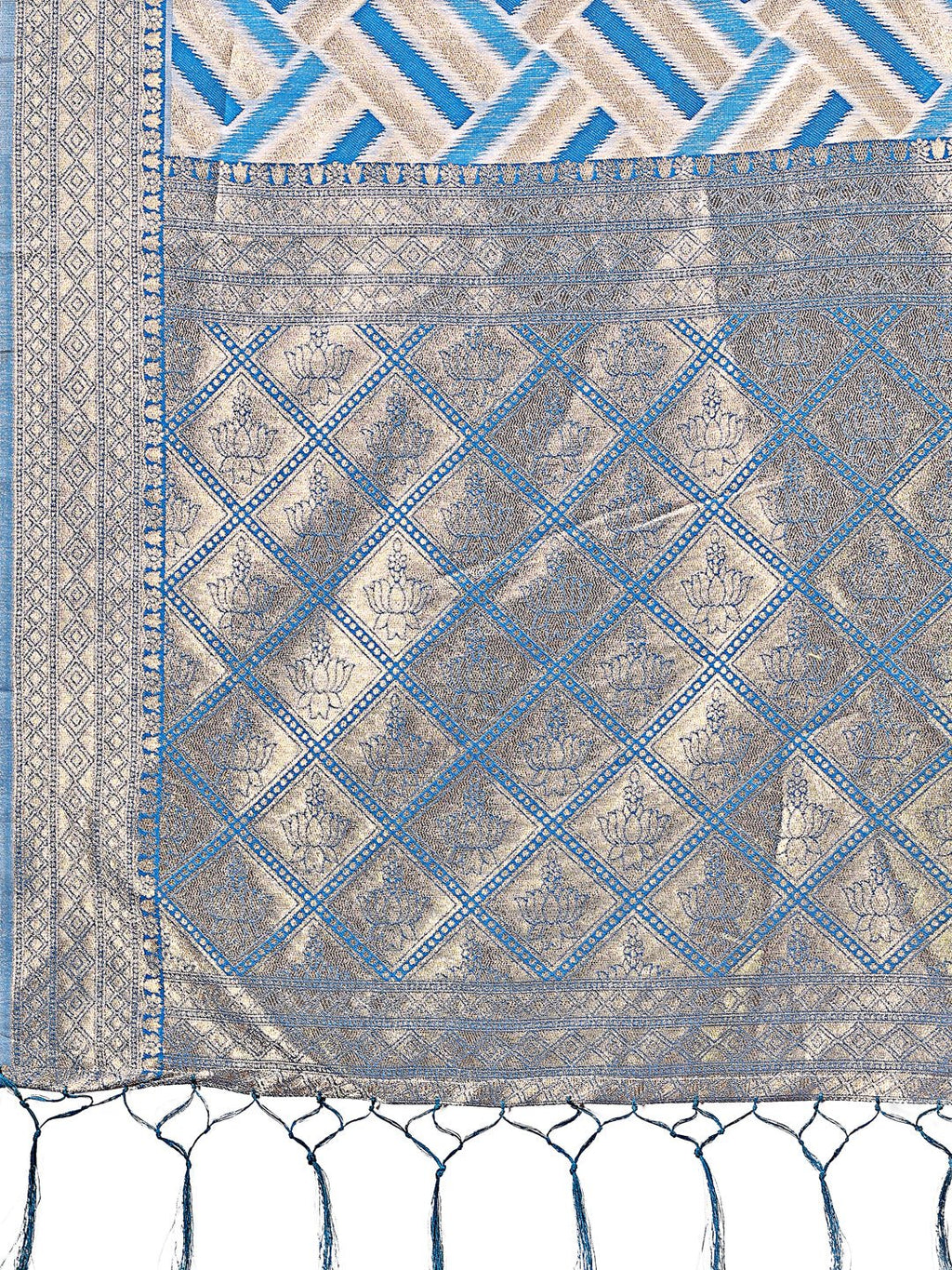 Shree Shyam Fashion Elegant Sky Blue & Cream Linen Saree with Geometric Design and Zari Border - Festive & Party Wear | Grocsy