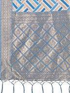 Shree Shyam Fashion Elegant Sky Blue & Cream Linen Saree with Geometric Design and Zari Border - Festive & Party Wear | Grocsy