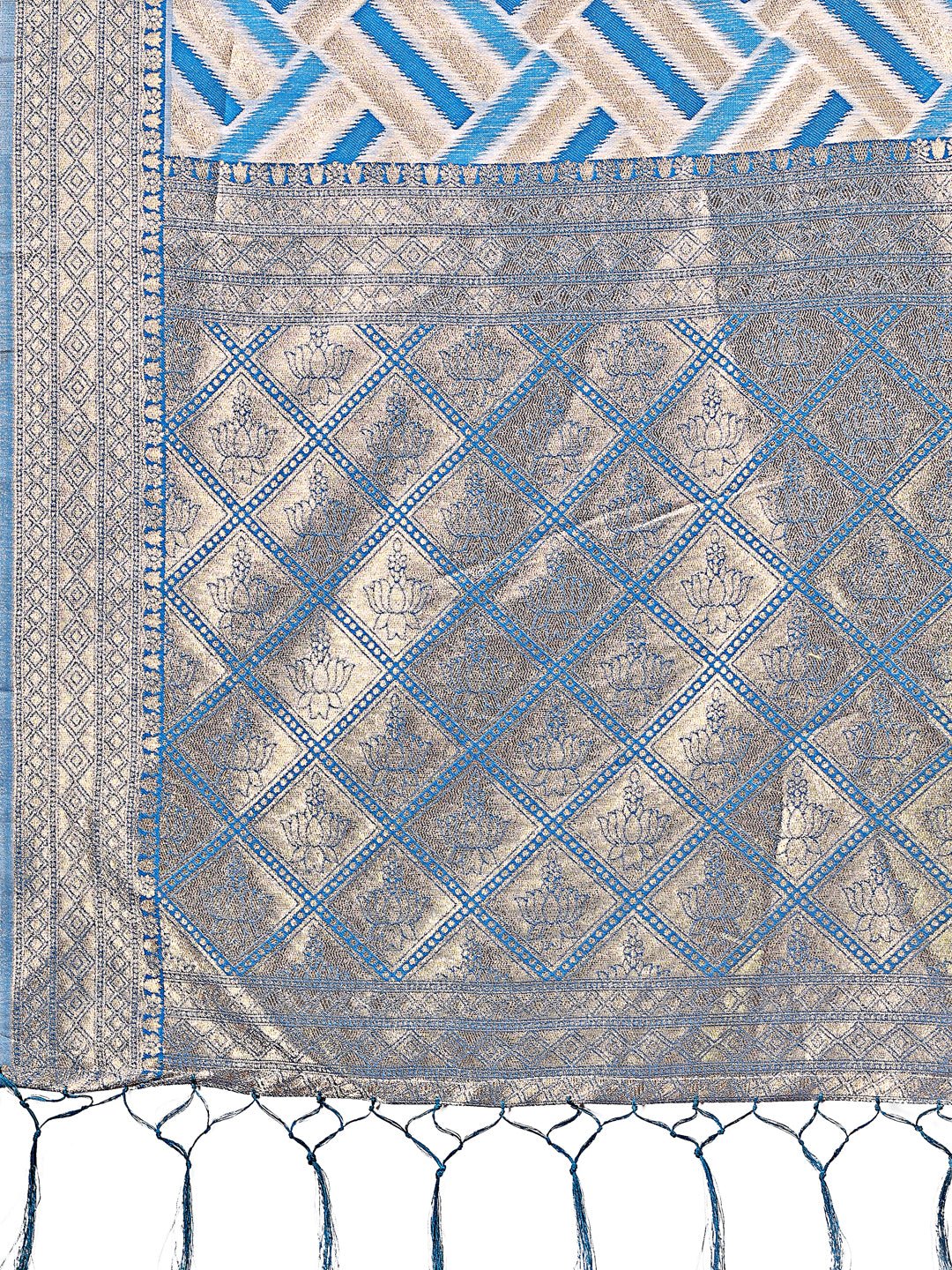 Shree Shyam Fashion Elegant Sky Blue & Cream Linen Saree with Geometric Design and Zari Border - Festive & Party Wear | Grocsy