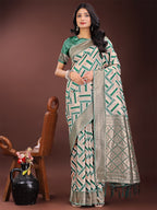 Shree Shyam Fashion Elegant Green & Cream Linen Saree with Geometric Design and Zari Border - Festive & Party Wear | Grocsy