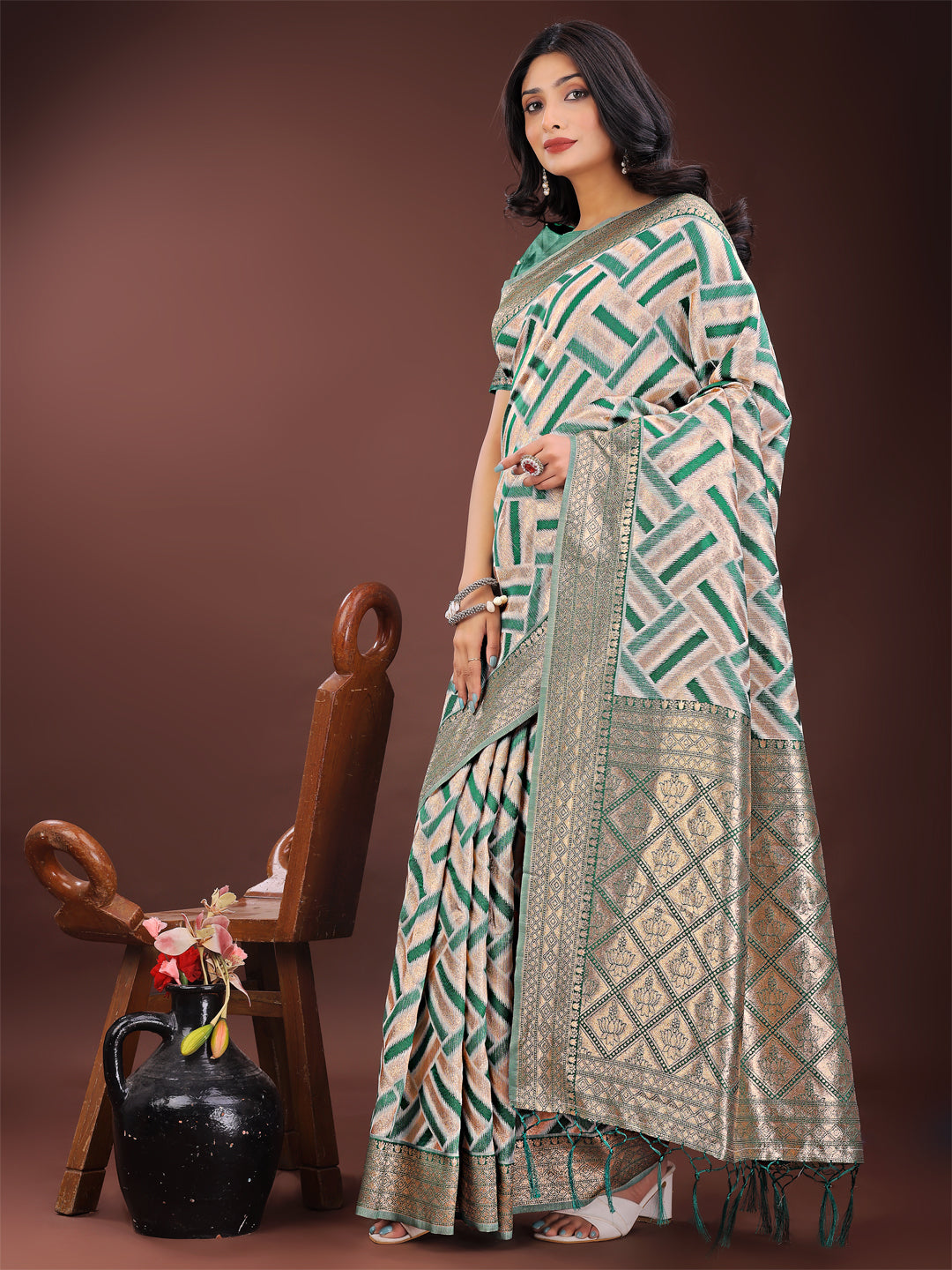 Shree Shyam Fashion Elegant Green & Cream Linen Saree with Geometric Design and Zari Border - Festive & Party Wear | Grocsy