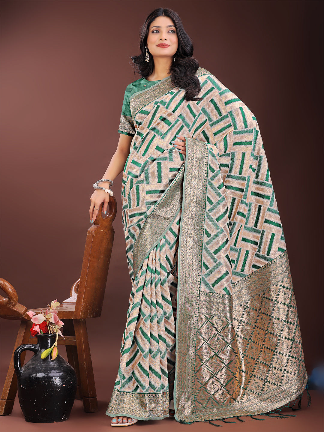 Shree Shyam Fashion Elegant Green & Cream Linen Saree with Geometric Design and Zari Border - Festive & Party Wear | Grocsy