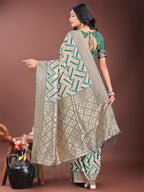 Shree Shyam Fashion Elegant Green & Cream Linen Saree with Geometric Design and Zari Border - Festive & Party Wear | Grocsy