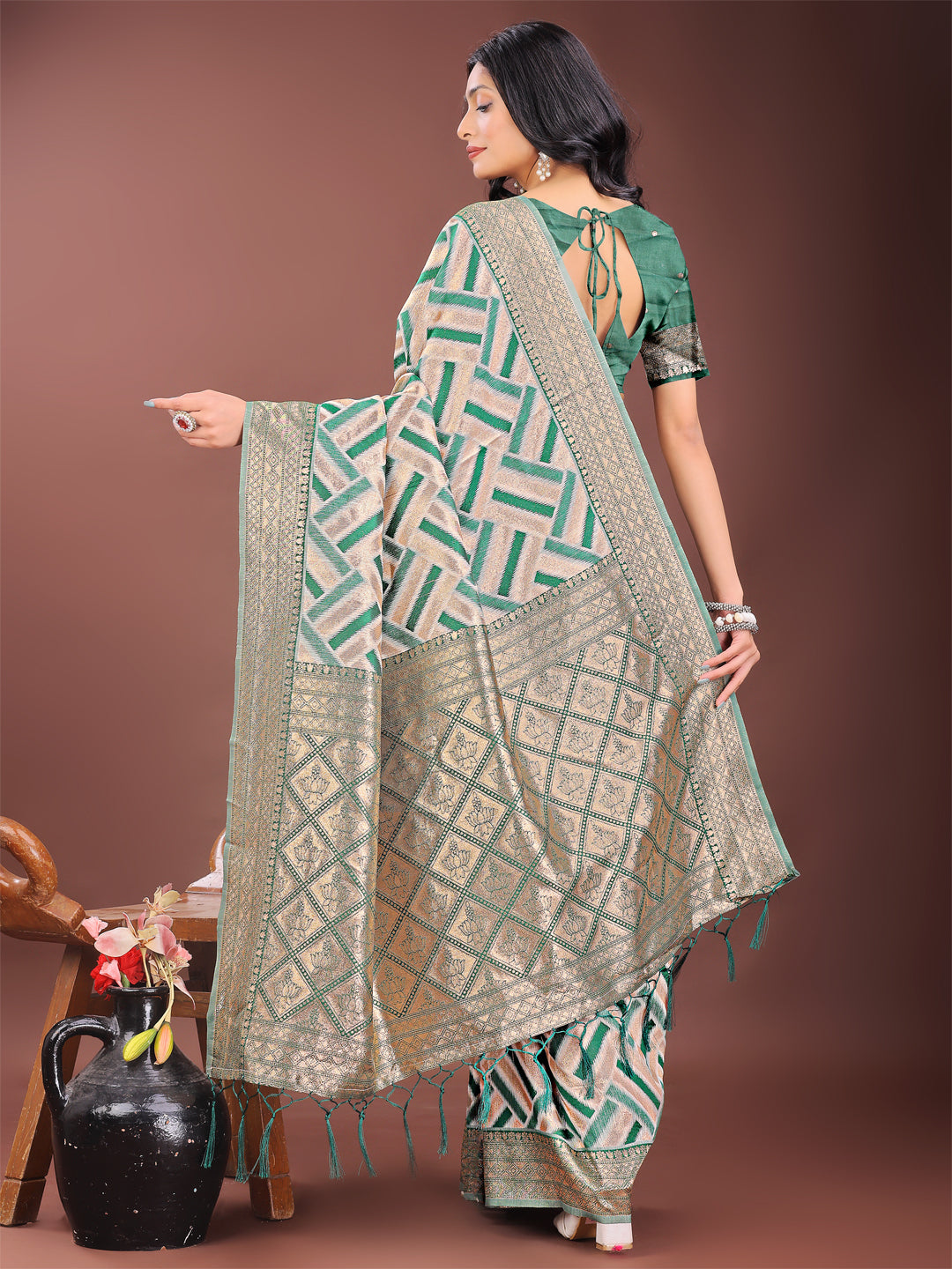 Shree Shyam Fashion Elegant Green & Cream Linen Saree with Geometric Design and Zari Border - Festive & Party Wear | Grocsy
