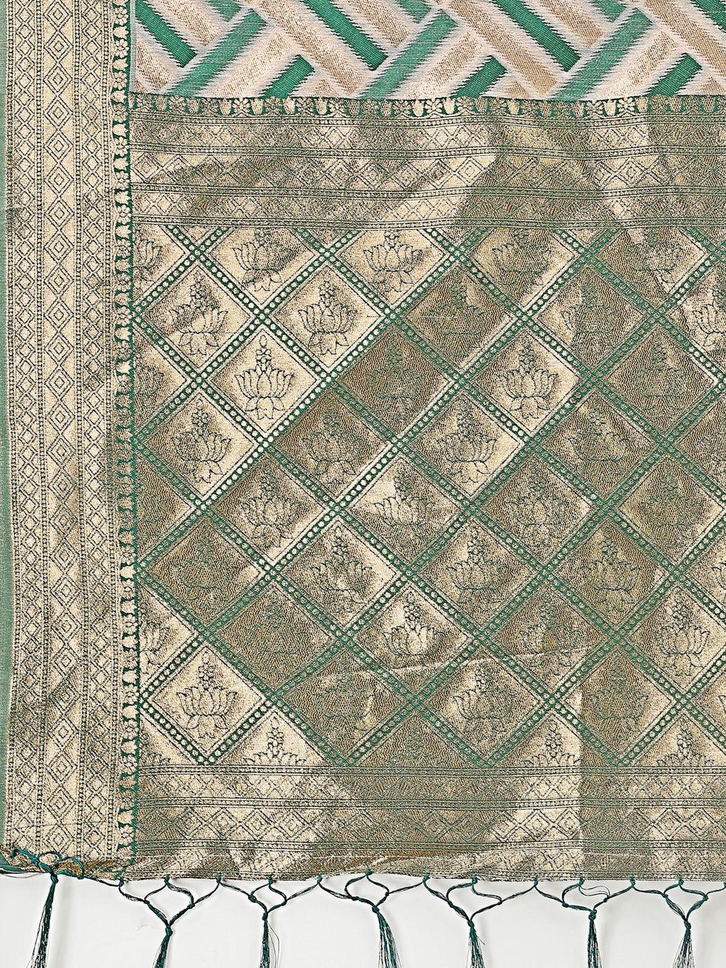 Shree Shyam Fashion Elegant Green & Cream Linen Saree with Geometric Design and Zari Border - Festive & Party Wear | Grocsy