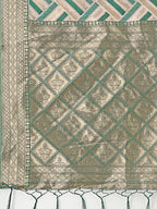 Shree Shyam Fashion Elegant Green & Cream Linen Saree with Geometric Design and Zari Border - Festive & Party Wear | Grocsy