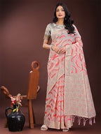 Shree Shyam Fashion Elegant Beige & Coral Linen Saree with Zari Border and Abstract Pattern - Premium Festive & Office Wear | Grocsy