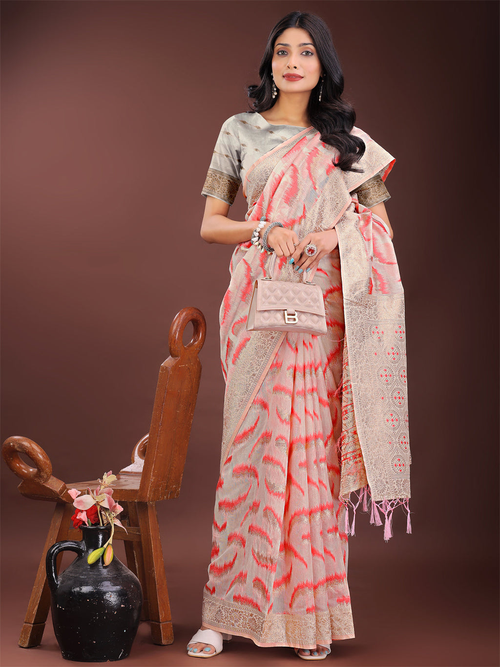Shree Shyam Fashion Elegant Beige & Coral Linen Saree with Zari Border and Abstract Pattern - Premium Festive & Office Wear | Grocsy