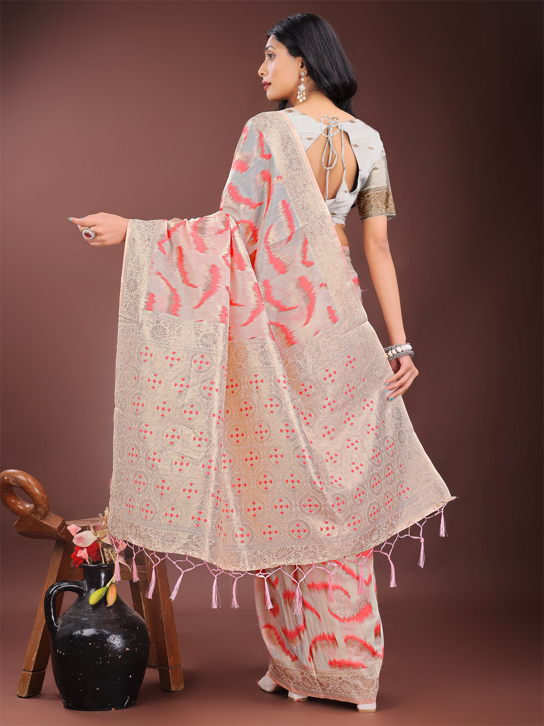 Shree Shyam Fashion Elegant Beige & Coral Linen Saree with Zari Border and Abstract Pattern - Premium Festive & Office Wear | Grocsy