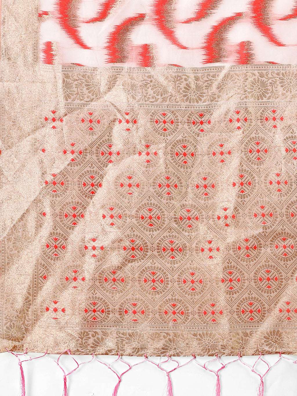 Shree Shyam Fashion Elegant Beige & Coral Linen Saree with Zari Border and Abstract Pattern - Premium Festive & Office Wear | Grocsy
