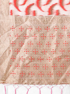 Shree Shyam Fashion Elegant Beige & Coral Linen Saree with Zari Border and Abstract Pattern - Premium Festive & Office Wear | Grocsy